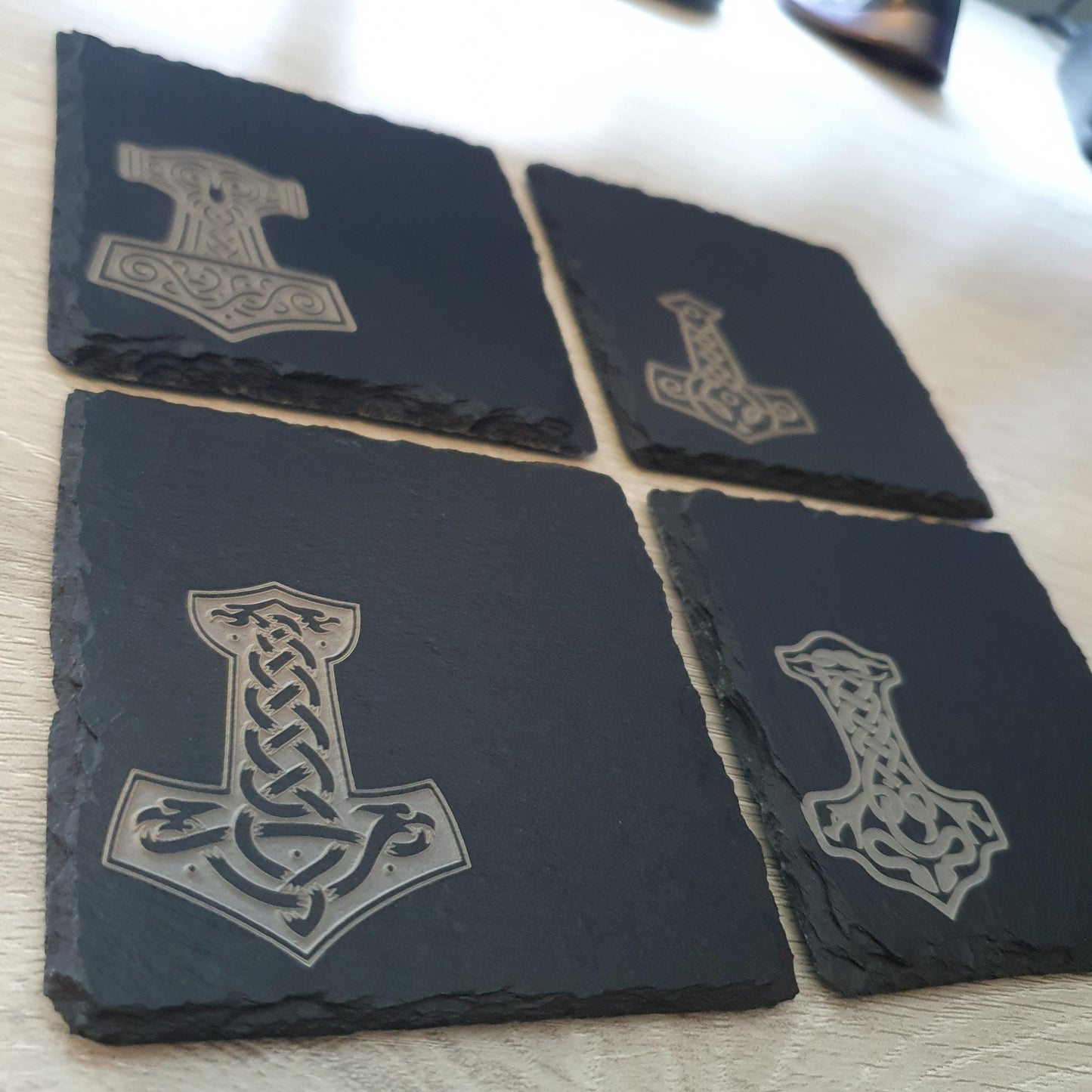 Deep Engraved Viking Coasters – Ancient Mjolnir Designs – Norse Mythology Gift – Deep Engraved Textured Finish – Viking Decor