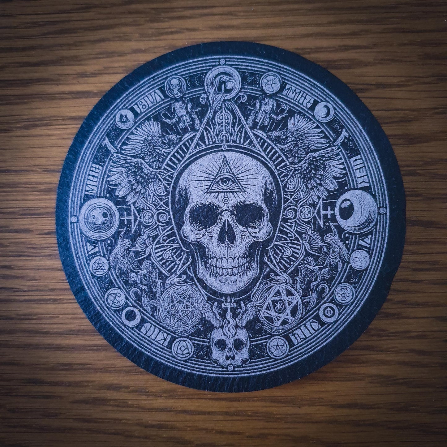Set of 6 Occult Slate Coasters – Gothic Home Decor | Halloween Gift | Laser Engraved 100mm Round Slate