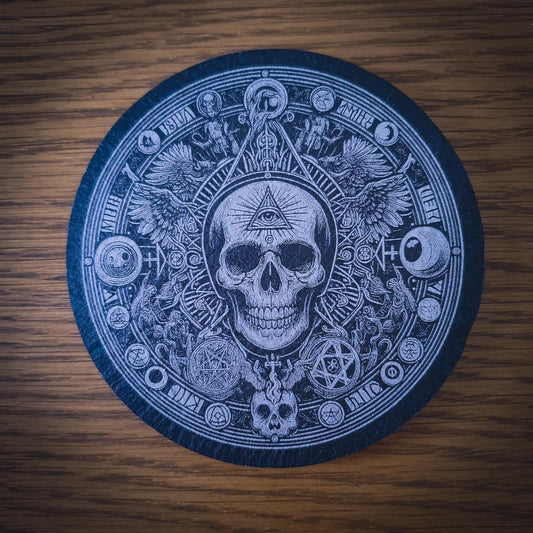 Set of 6 Occult Slate Coasters – Gothic Home Decor | Halloween Gift | Laser Engraved 100mm Round Slate