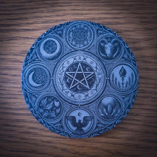 Set of 6 Occult Slate Coasters – Gothic Home Decor | Halloween Gift | Laser Engraved 100mm Round Slate