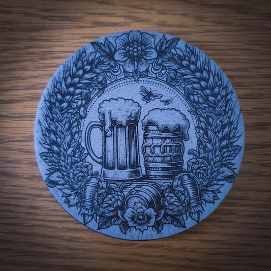 Set of 6 Beer-Themed Slate Coasters – Laser Engraved Round 100mm | Rustic Barware Gift for Beer Lovers
