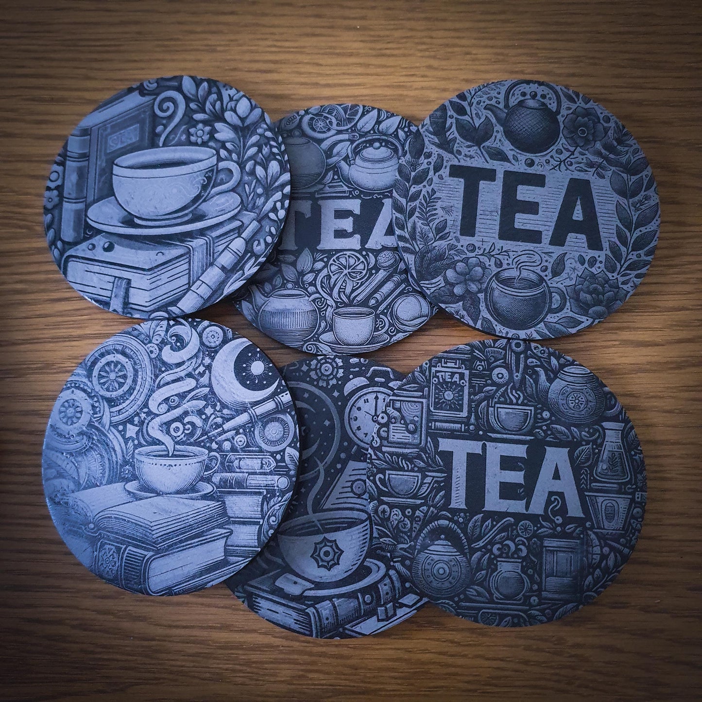 Set of 6 Tea-Themed Slate Coasters – Laser Engraved Round 100mm | Cosy Kitchen Decor | Gift for Tea Lovers