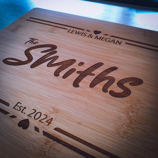Personalised Bamboo Chopping Board – Custom Couples Gift with Names, Surname & Special Date – For Weddings, Anniversaries or Housewarmings
