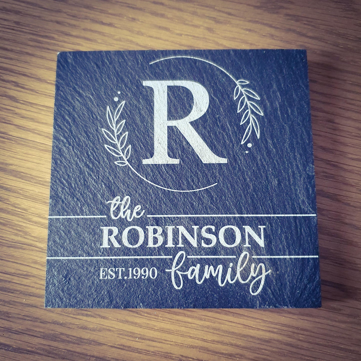 Personalised Slate Coasters x4 – Family Name | 9 Laser Engraved Designs | Custom Family Name Gift Set