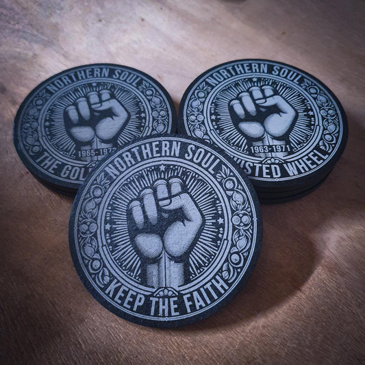 Set of 6 Northern Soul Slate Coasters – With Fist & Venue Names | 100mm Round | Wigan Casino, Twisted Wheel and More
