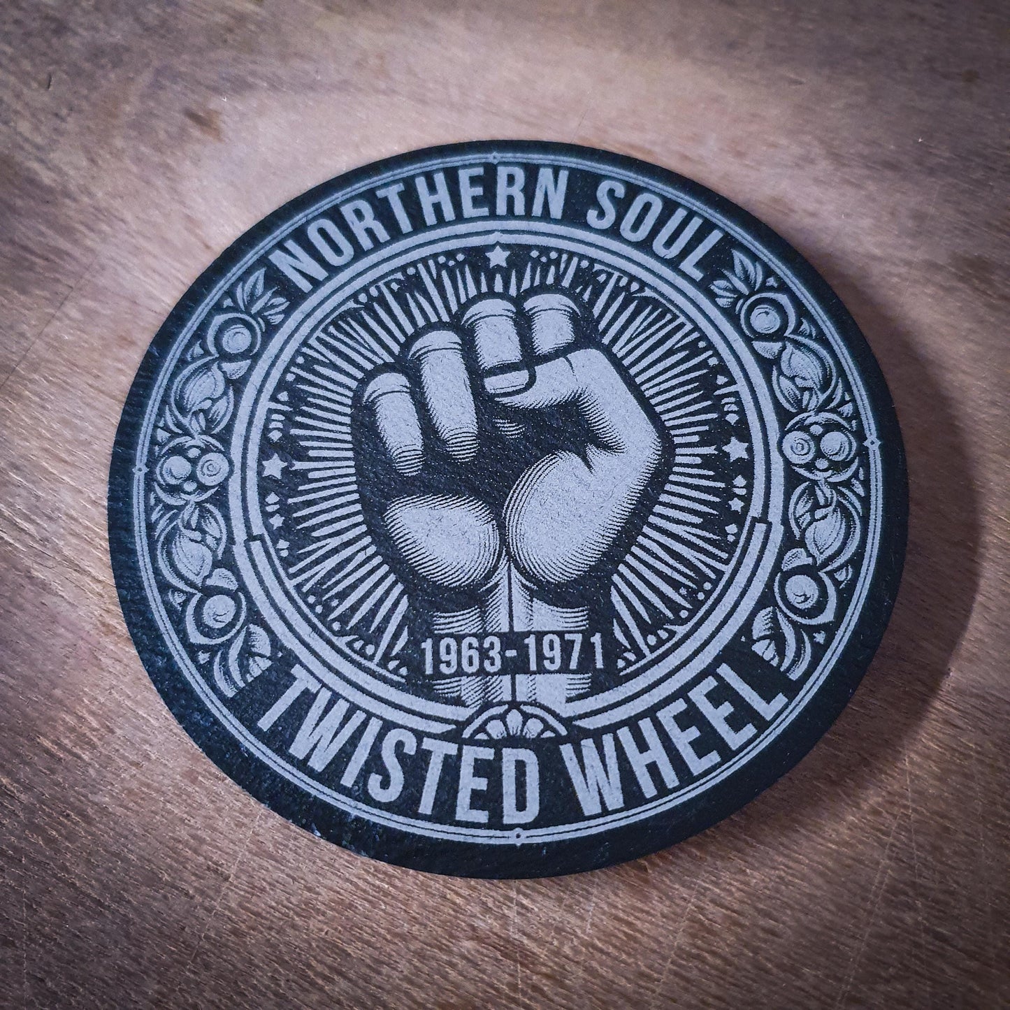 Set of 6 Northern Soul Slate Coasters – With Fist & Venue Names | 100mm Round | Wigan Casino, Twisted Wheel and More