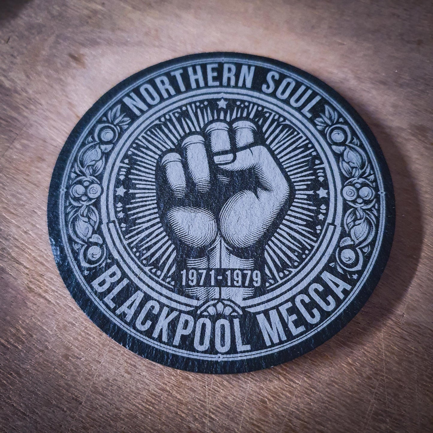 Set of 6 Northern Soul Slate Coasters – With Fist & Venue Names | 100mm Round | Wigan Casino, Twisted Wheel and More