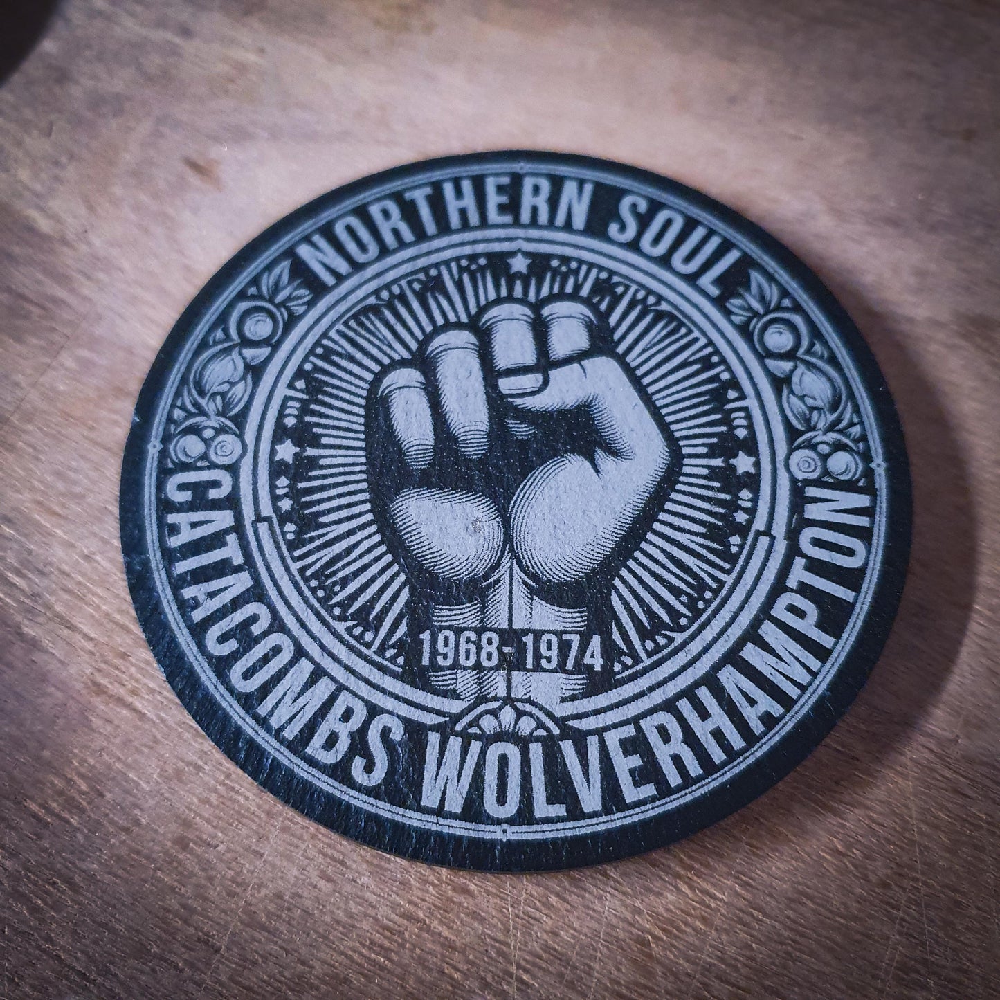 Set of 6 Northern Soul Slate Coasters – With Fist & Venue Names | 100mm Round | Wigan Casino, Twisted Wheel and More