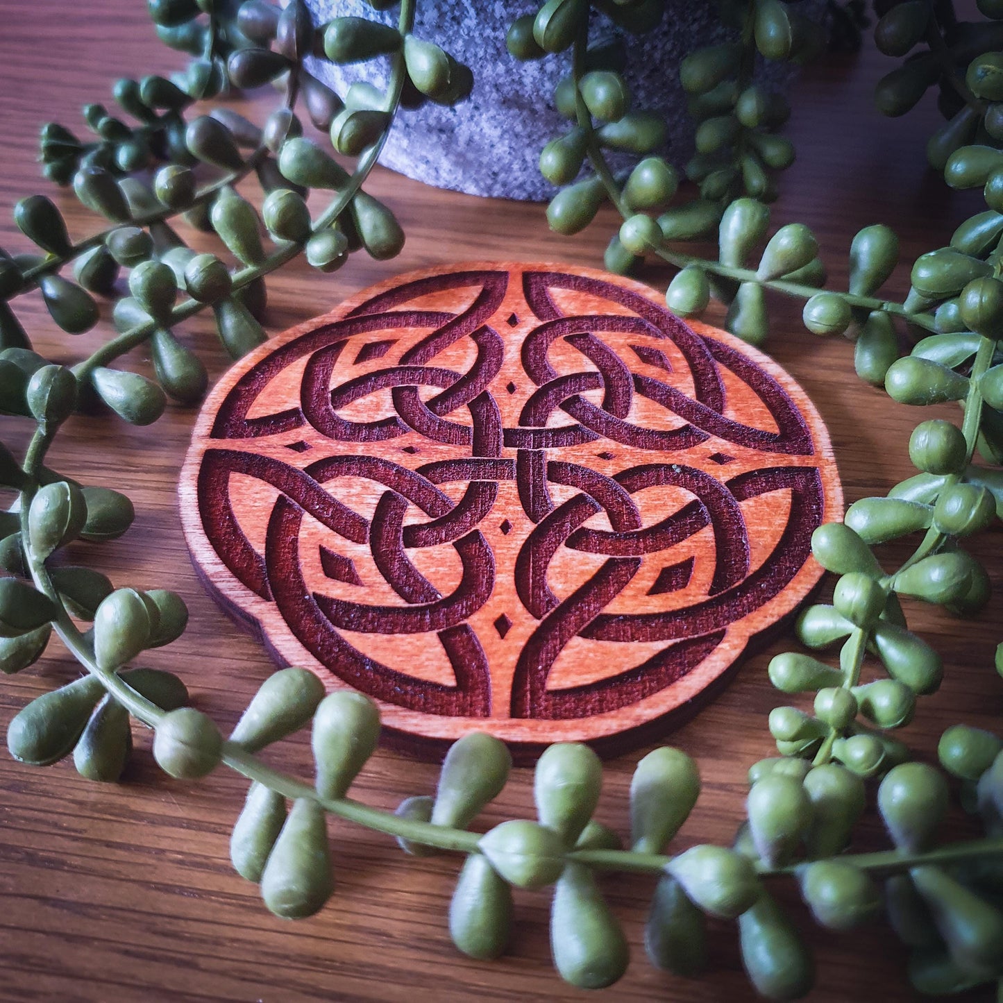 Celtic Knot Wooden Coaster Set – Aged wood, New Age Coasters, Ancient Celtic design.