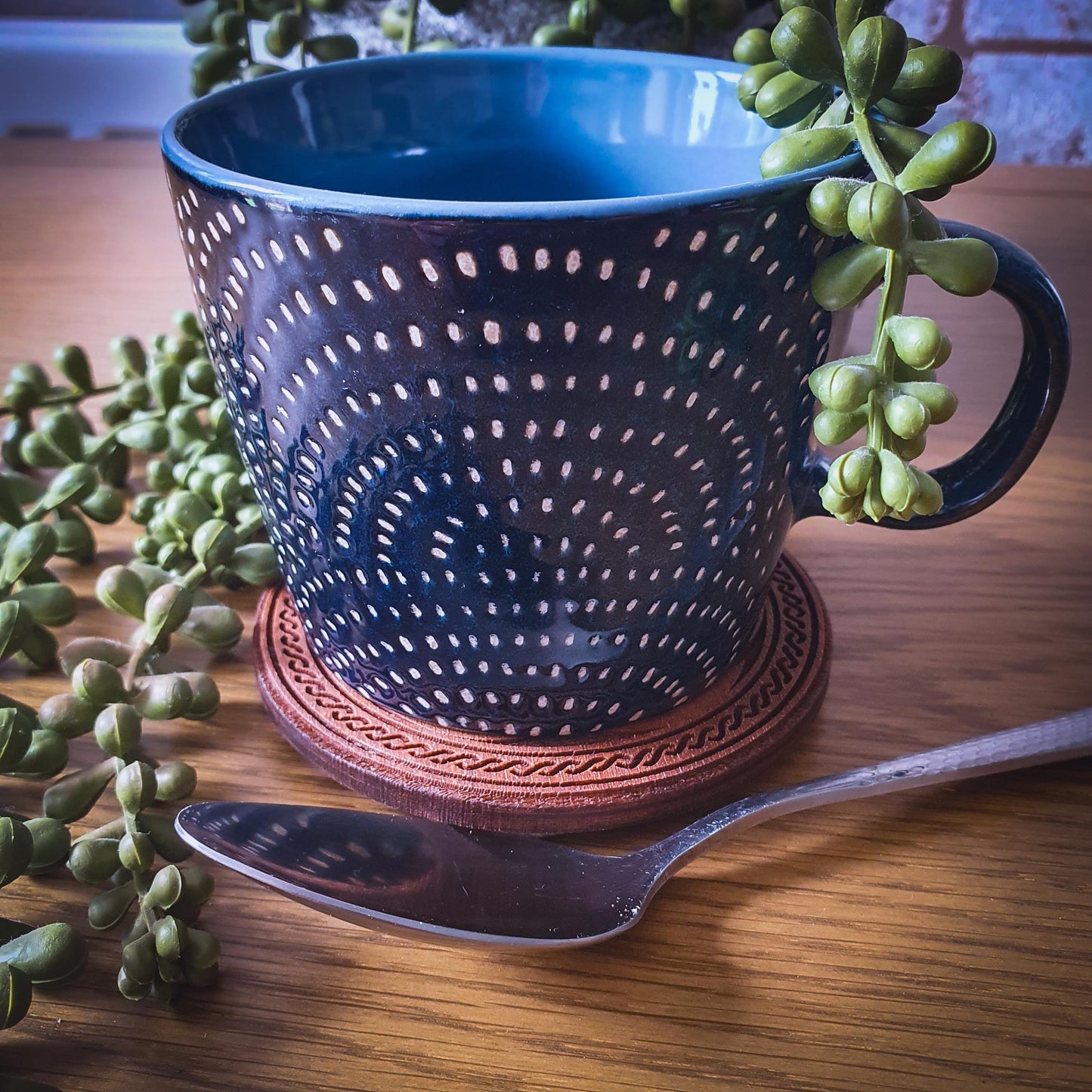 Celtic Triquetra Wooden Coaster – Round 100mm Laser Cut Design with Knotwork Border, Rustic Aged Finish