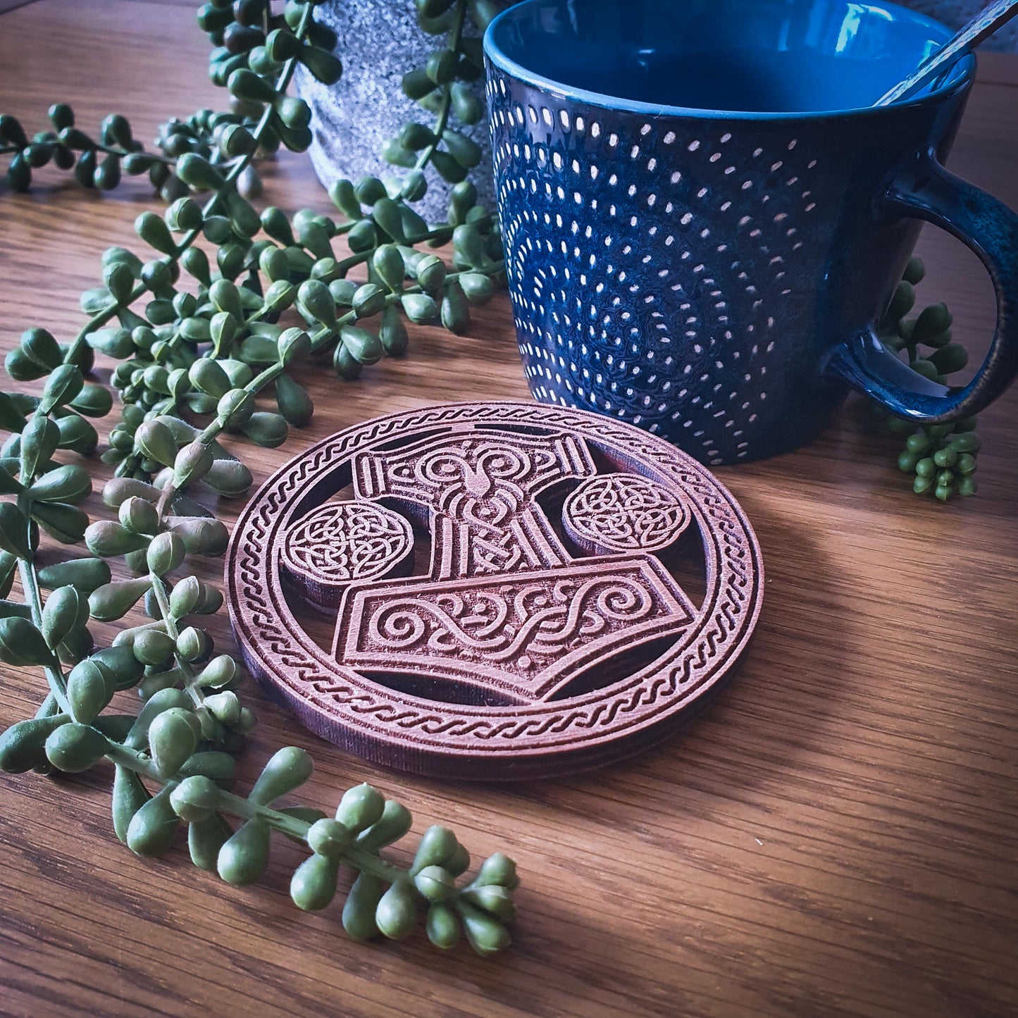 Thor’s Hammer Wooden Coaster – Laser Cut Mjolnir with Celtic Knot Design, 100mm, Aged Finish, Norse Decor
