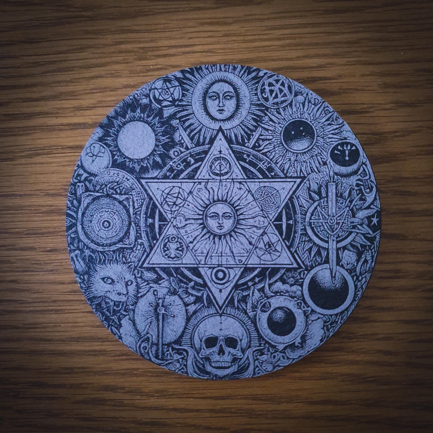 Set of 6 Occult Slate Coasters – Gothic Home Decor | Halloween Gift | Laser Engraved 100mm Round Slate