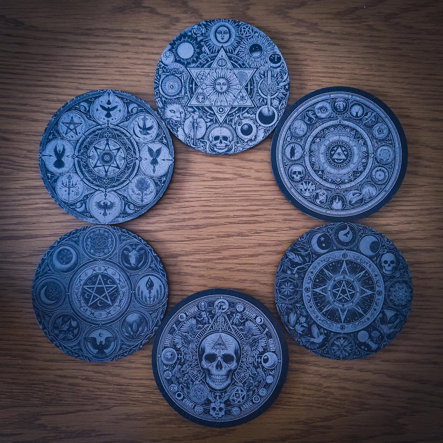 Set of 6 Occult Slate Coasters – Gothic Home Decor | Halloween Gift | Laser Engraved 100mm Round Slate