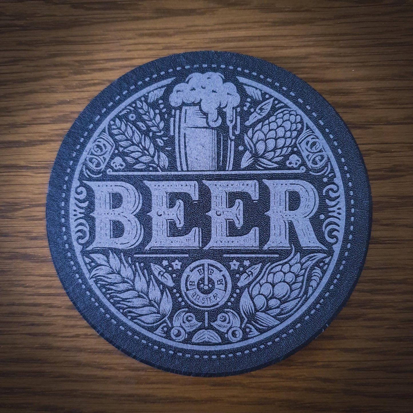 Set of 6 Beer-Themed Slate Coasters – Laser Engraved Round 100mm | Rustic Barware Gift for Beer Lovers