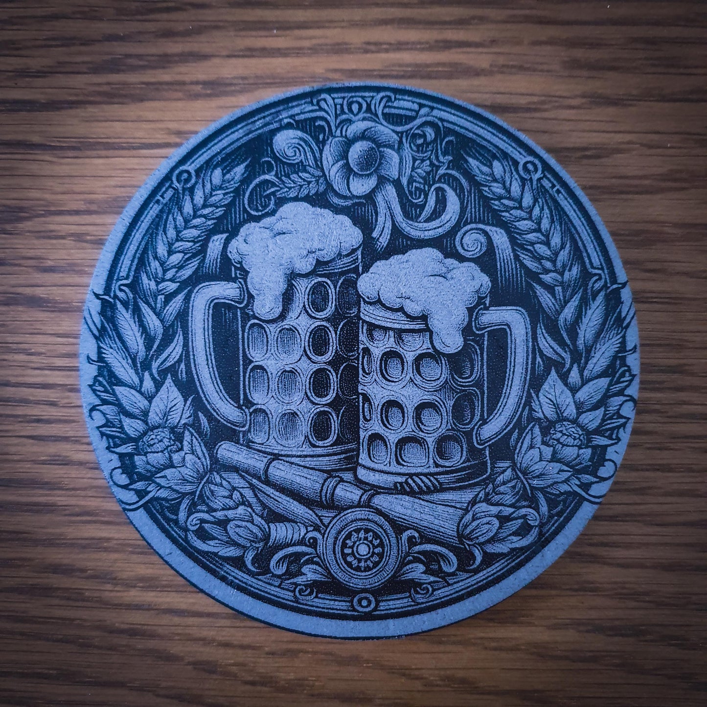 Set of 6 Beer-Themed Slate Coasters – Laser Engraved Round 100mm | Rustic Barware Gift for Beer Lovers