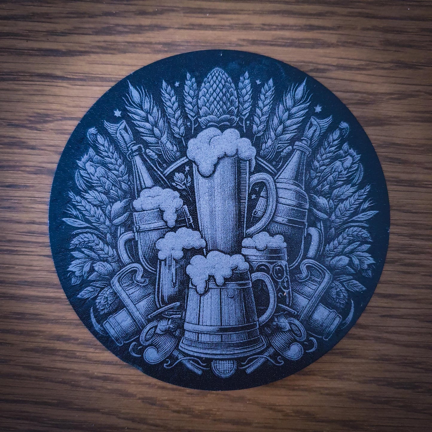 Set of 6 Beer-Themed Slate Coasters – Laser Engraved Round 100mm | Rustic Barware Gift for Beer Lovers