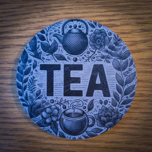 Set of 6 Tea-Themed Slate Coasters – Laser Engraved Round 100mm | Cosy Kitchen Decor | Gift for Tea Lovers