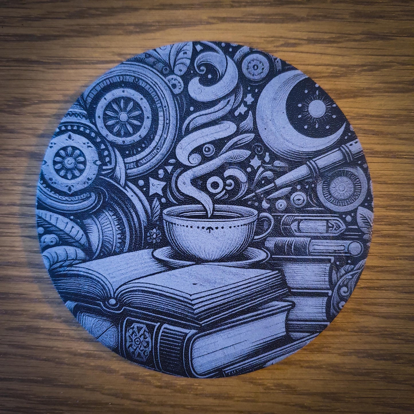 Set of 6 Tea-Themed Slate Coasters – Laser Engraved Round 100mm | Cosy Kitchen Decor | Gift for Tea Lovers