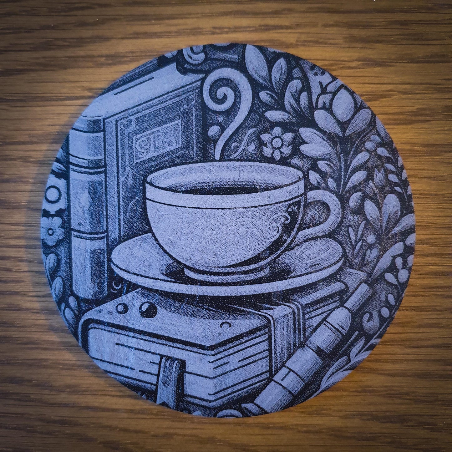 Set of 6 Tea-Themed Slate Coasters – Laser Engraved Round 100mm | Cosy Kitchen Decor | Gift for Tea Lovers
