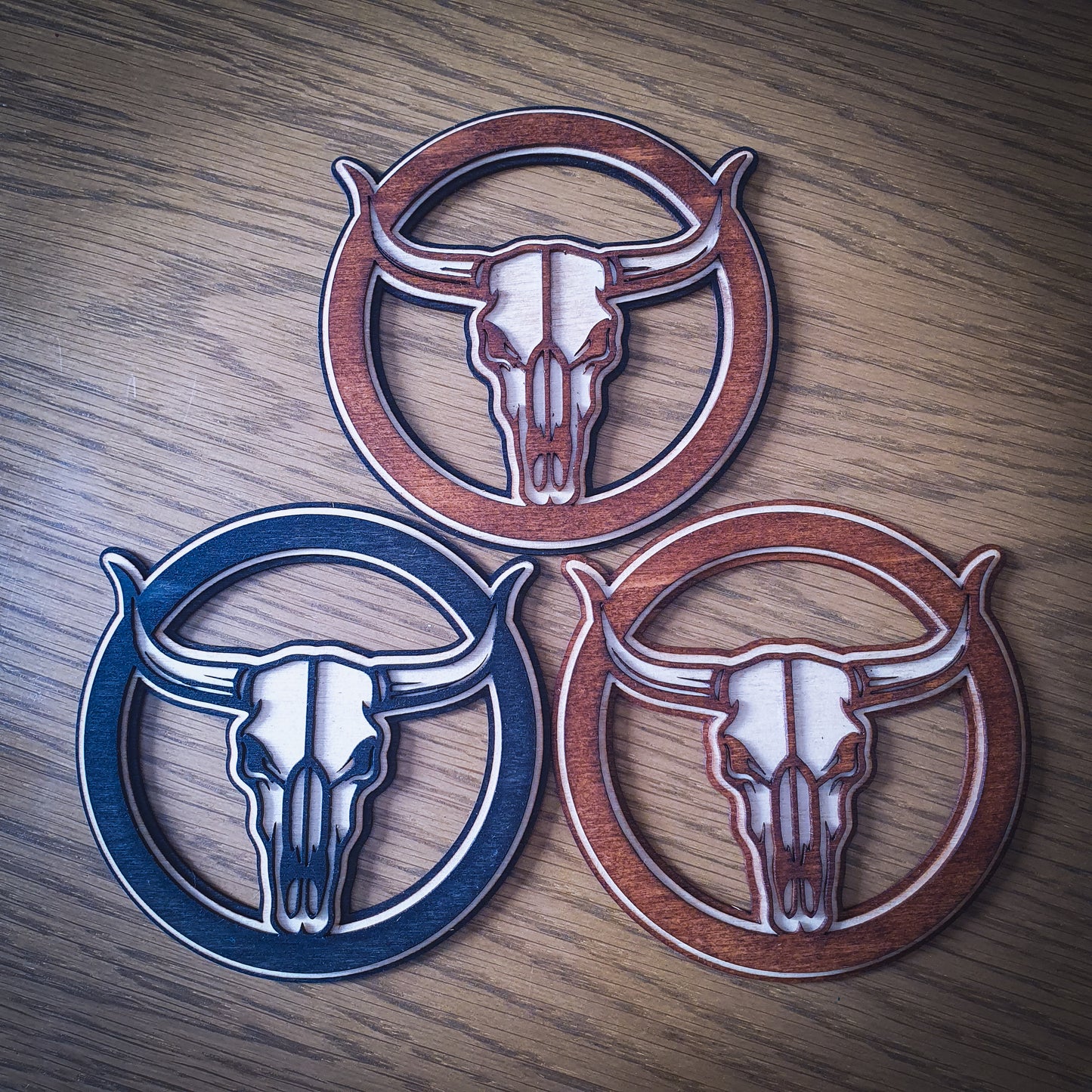 3D Longhorn Skull Wooden Coaster – Triple Layer Laser Cut Western Decor, Rustic Cowboy Gift, Country Style Drink Mat