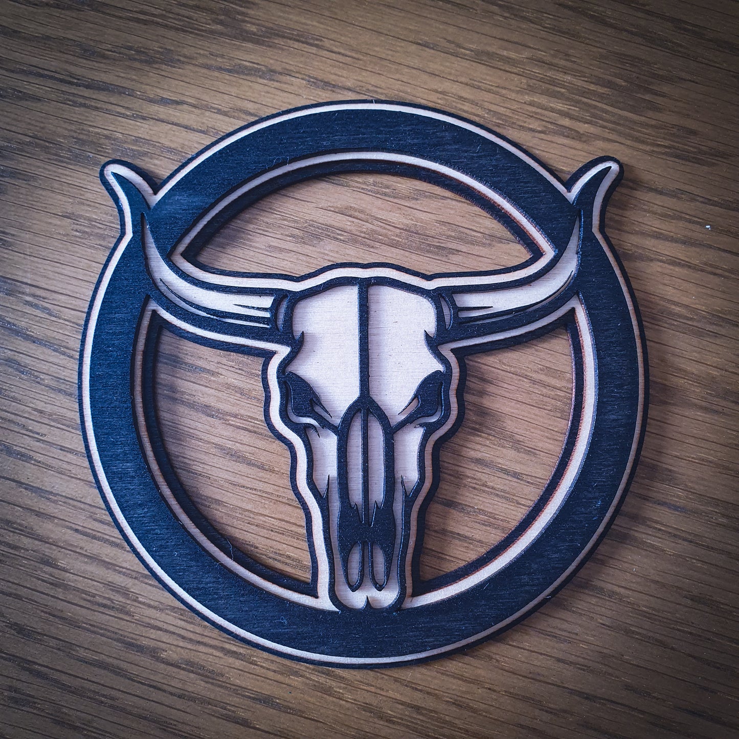 3D Longhorn Skull Wooden Coaster – Triple Layer Laser Cut Western Decor, Rustic Cowboy Gift, Country Style Drink Mat