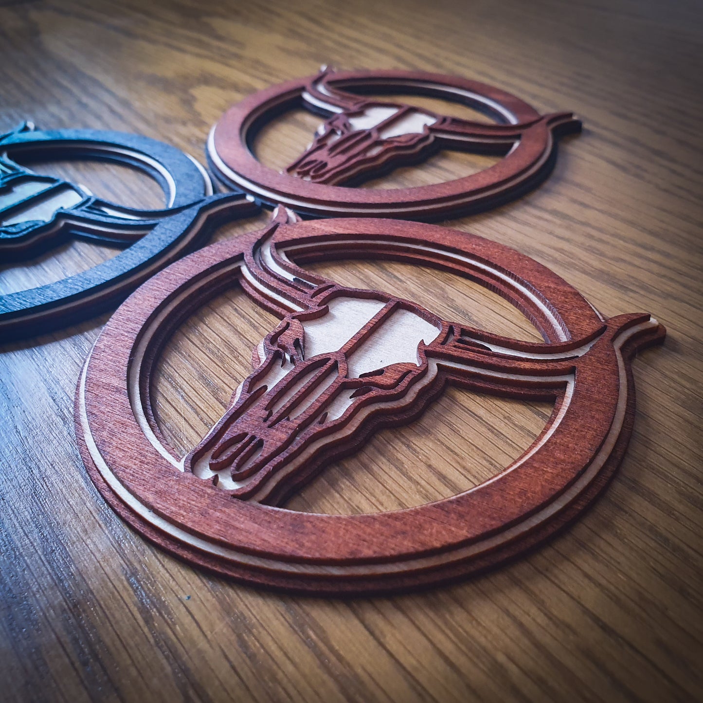 3D Longhorn Skull Wooden Coaster – Triple Layer Laser Cut Western Decor, Rustic Cowboy Gift, Country Style Drink Mat