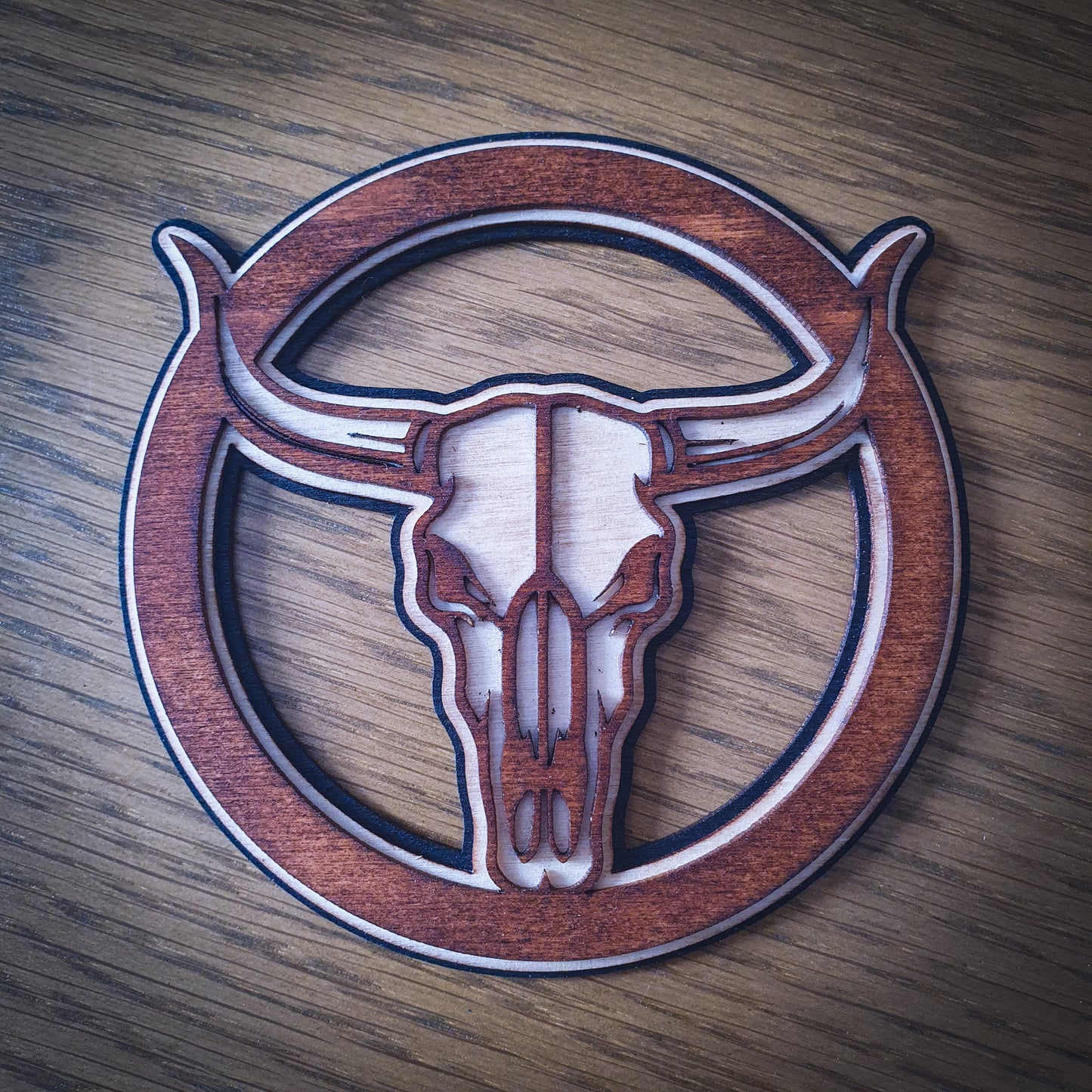 3D Longhorn Skull Wooden Coaster – Triple Layer Laser Cut Western Decor, Rustic Cowboy Gift, Country Style Drink Mat