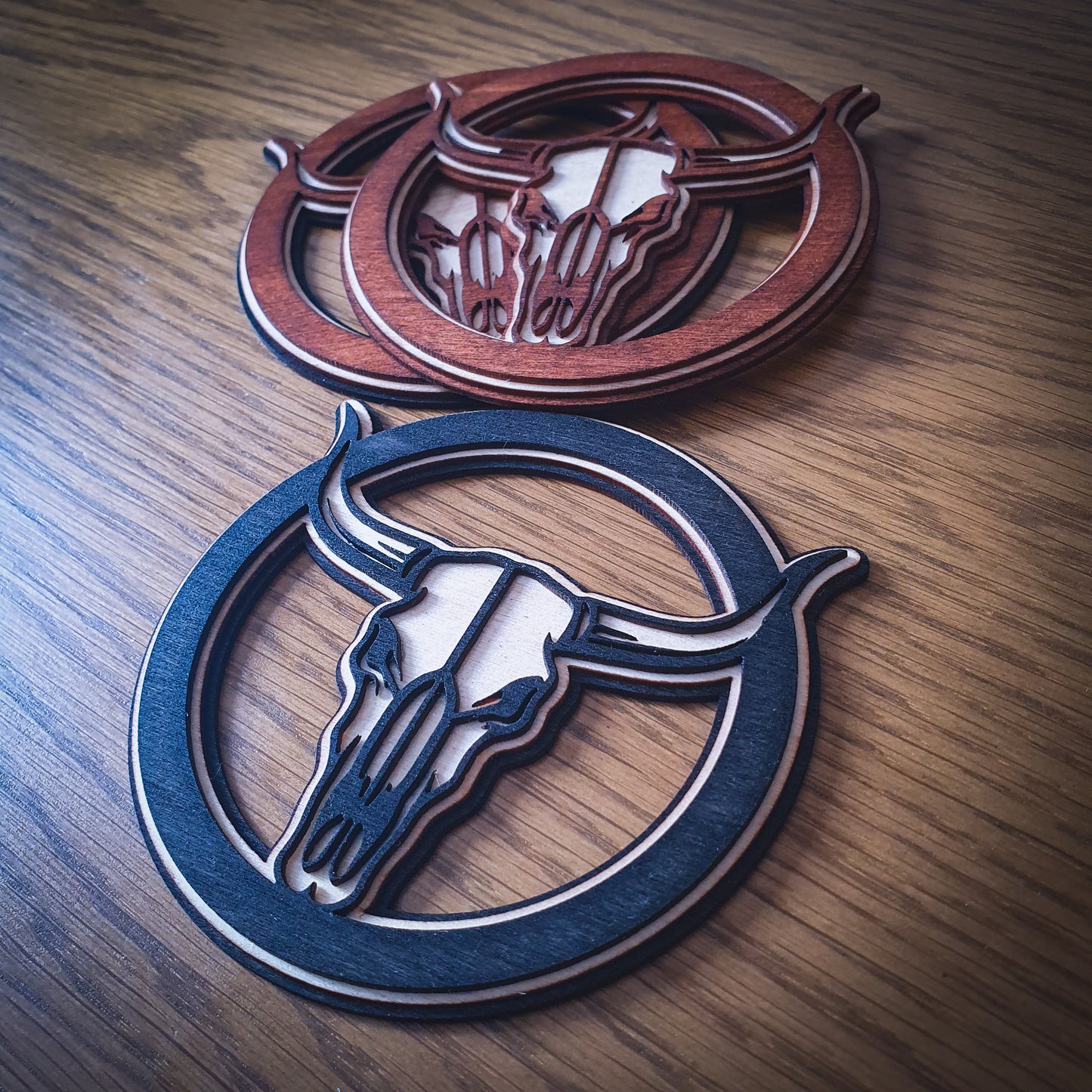 3D Longhorn Skull Wooden Coaster – Triple Layer Laser Cut Western Decor, Rustic Cowboy Gift, Country Style Drink Mat